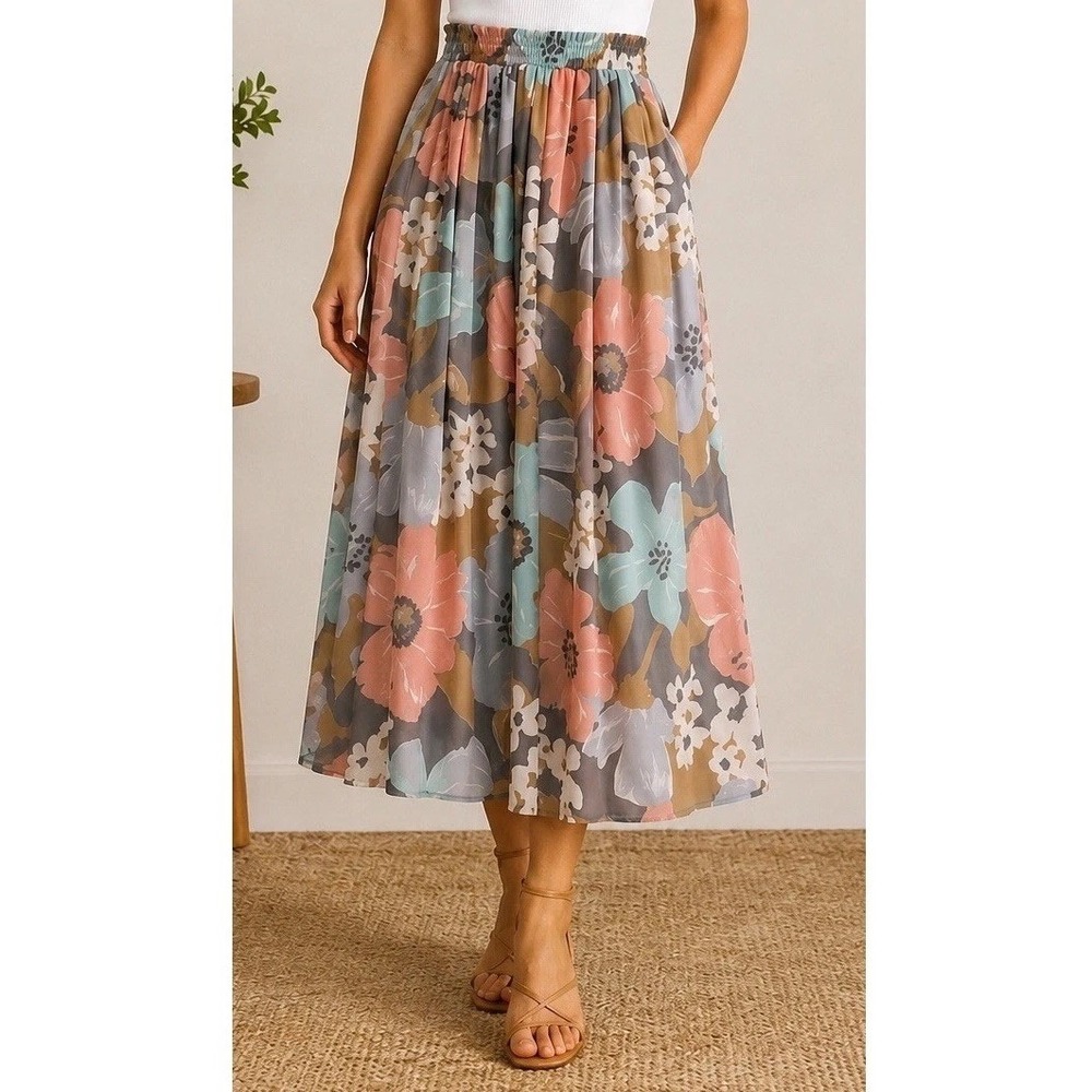 Tanjay Womens 80s 90s Vintage Floral Chiffon Midi Skirt Sz 8 Pastel Earthy Boho